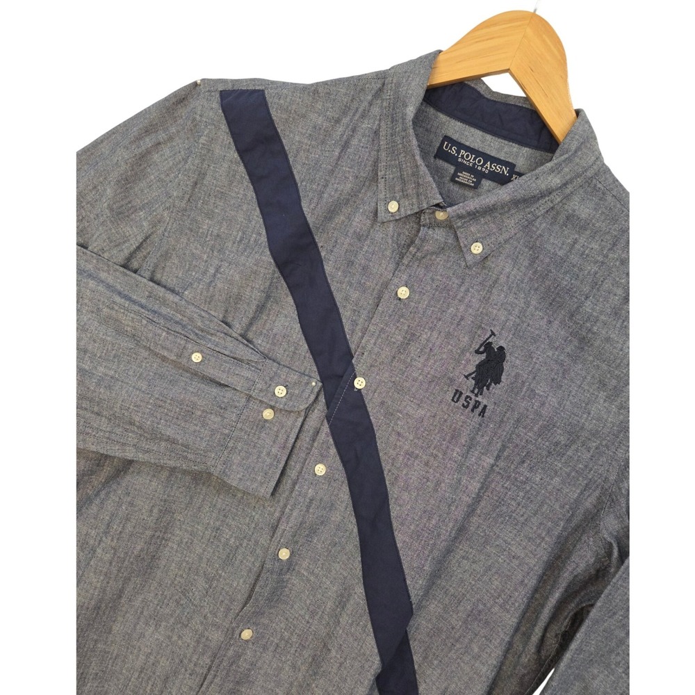 U.S. Polo Assn Mens Chambray Button Down Shirt XL Large Logo Sash Stripe Preppy